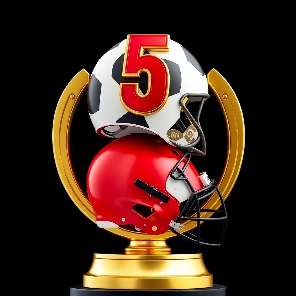 Golden sports trophy with a red number 5 on it, a black and white soccer ball, and a red and black football helmet stacked together