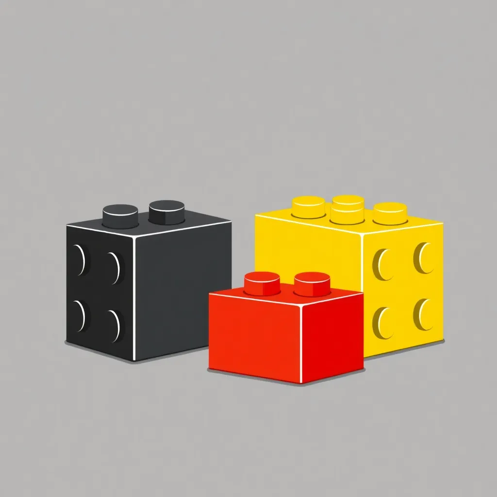 Illustration of three lego blocks in red, yellow, and black colors