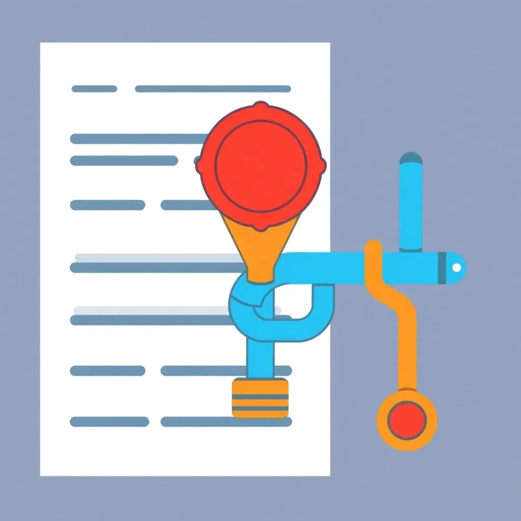 Illustration of a document with lines and a funnel with blue and orange pipes and a red seal