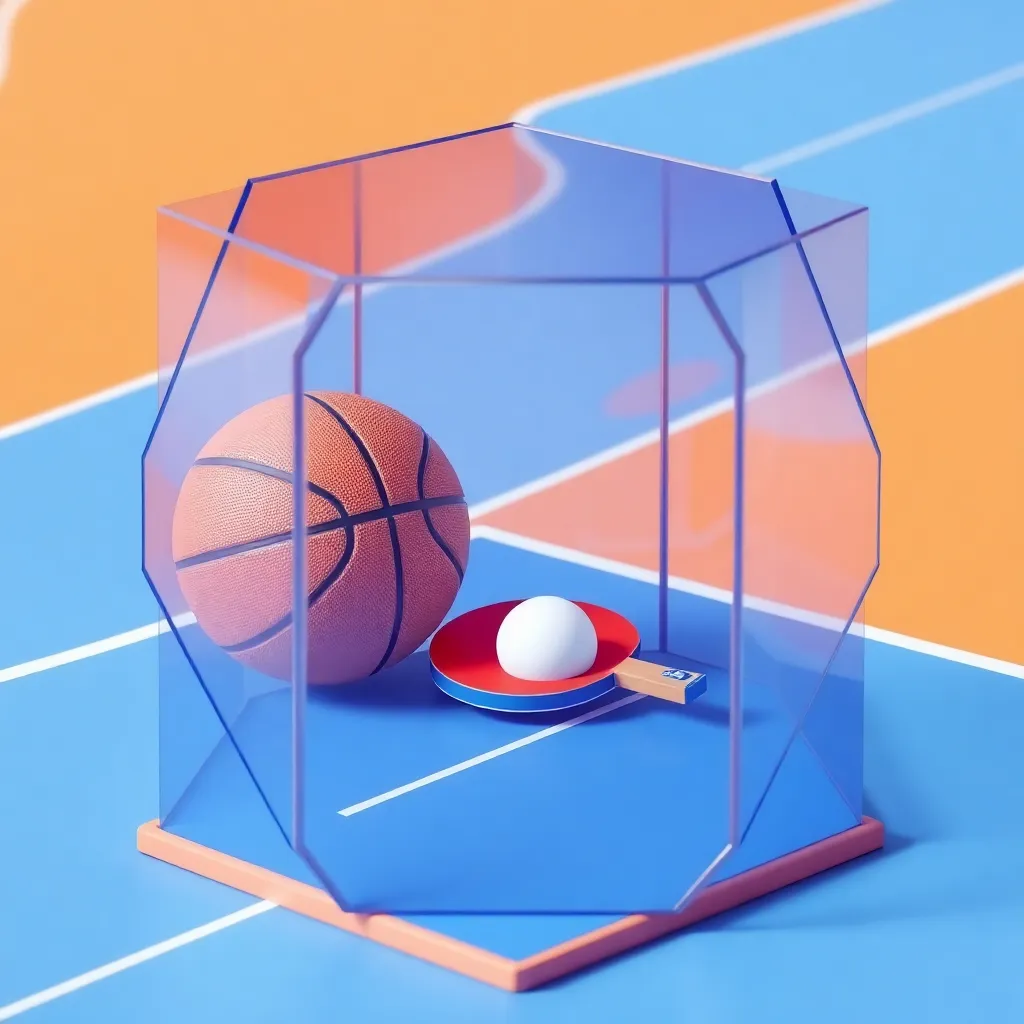 3D style basketball and ping pong paddle with ball inside a hexagonal glass box on a blue court